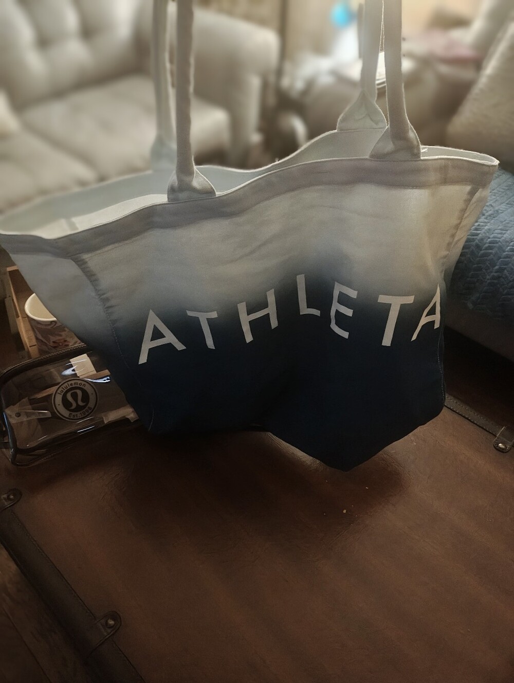 Athleta Blue Ombre Canvas Tote And Lululemon Clear Belt Bag